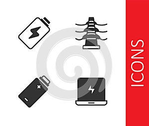 Set Laptop, Battery charge, and Electric tower line icon. Vector