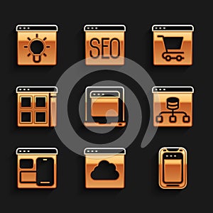 Set Laptop with browser window, Cloud technology data transfer, Mobile phone, Server, Data, Web developer programming