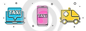 Set Laptop call taxi service, Taxi call telephone service and Ambulance and emergency car icon. Vector