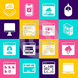 Set Laptop, Cloud technology data transfer, Computer, Browser files, monitor screen, Processor with microcircuits CPU