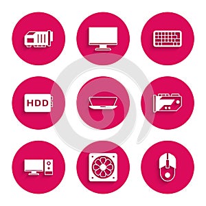 Set Laptop, Computer cooler, mouse, Video graphic card, monitor, Hard disk drive HDD, Keyboard and icon. Vector