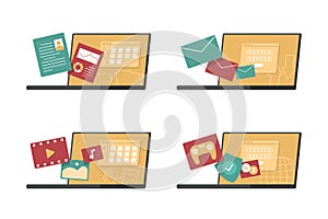 Set of Laptop Computers with Application Symbols for Technology Concept Illustration