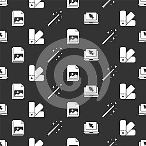 Set Laptop and cursor, Color palette guide, Picture landscape and Magic wand on seamless pattern. Vector.