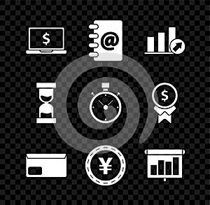 Set Laptop with dollar symbol, Presentation financial graph, schedule, chart, diagram, infographic, pie graph, Envelope