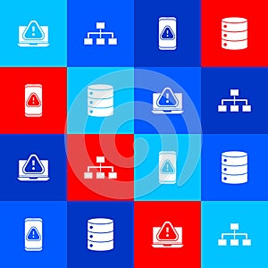 Set Laptop with exclamation mark, Hierarchy organogram chart, Mobile and Server, Data, Web Hosting icon. Vector