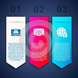 Set Laptop with exclamation mark, Mail message lock password and Global lockdown. Business infographic template. Vector