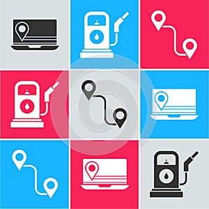 Set Laptop with location marker, Petrol or Gas station and Route location icon. Vector