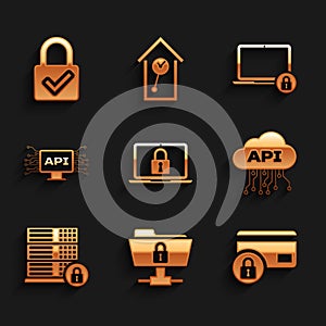 Set Laptop and lock, FTP folder, Credit card with, Cloud api interface, Server security and Computer icon. Vector
