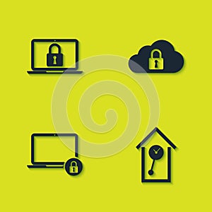 Set Laptop and lock, Retro wall watch, and Cloud computing icon. Vector