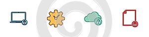 Set Laptop and lock, Time Management, Cloud computing and Document icon. Vector