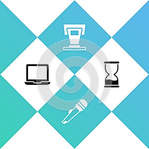 Set Laptop, Microphone, Stage stand and Old hourglass icon. Vector