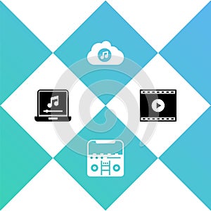 Set Laptop with music note, Home stereo speakers, Music streaming service and Online play video icon. Vector