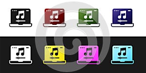 Set Laptop with music note symbol on screen icon isolated on black and white background. Vector