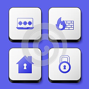 Set Laptop with password, Firewall, security wall, House under protection and Lock icon. White square button. Vector