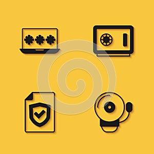 Set Laptop with password, Ringing alarm bell, Contract shield and Safe icon with long shadow. Vector