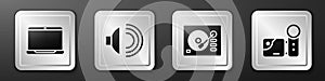 Set Laptop, Speaker volume, Vinyl player and Cinema camera icon. Silver square button. Vector