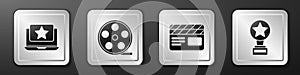 Set Laptop with star, Film reel, Movie clapper and Movie trophy icon. Silver square button. Vector