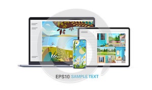 set laptop tablet and smartphone with beautiful wallpapers on screens realistic mockup gadgets and devices