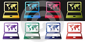 Set Laptop with world map on screen icon isolated on black and white background. World map geography symbol. Vector