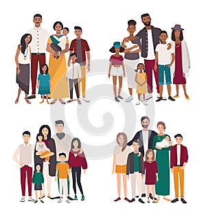 Set of large family portrait. Different nationalities african, indian, european, asian mother, father and five children