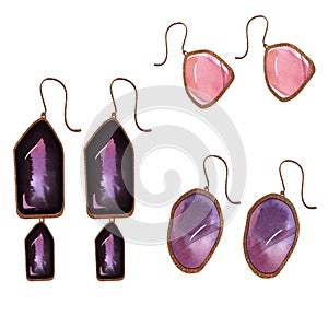 Set of large feminine earrings with amethyst.amethyst, quartz, ametrine and gold chains. Watercolor gradients of