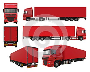 Set large red truck with a semitrailer. Template for placing graphics. 3d rendering.