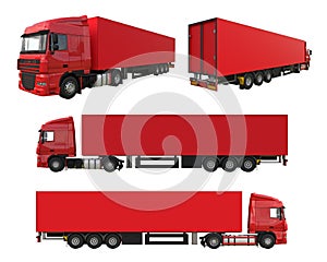 Set large red truck with a semitrailer. Template for placing graphics. 3d rendering.