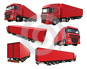 Set large red truck with a semitrailer. Template for placing graphics. 3d rendering.