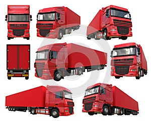 Set large red truck with a semitrailer. Template for placing graphics. 3d rendering.