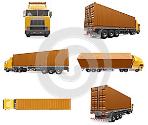 Set a large retro orange truck with a sleeping part and an aerodynamic extension carries a trailer with a sea container