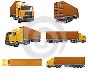 Set a large retro orange truck with a sleeping part and an aerodynamic extension carries a trailer with a sea container