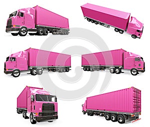 Set large retro pink truck with a sleeping part and an aerodynamic extension carries a trailer with a sea container. 3d