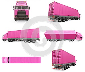 Set large retro pink truck with a sleeping part and an aerodynamic extension carries a trailer with a sea container. 3d