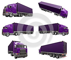 Set large retro purple truck with a sleeping part and an aerodynamic extension carries a trailer with a sea container