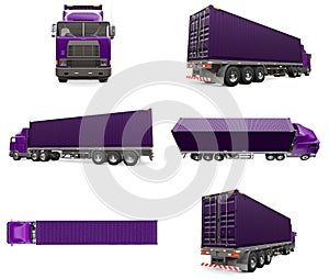 Set large retro purple truck with a sleeping part and an aerodynamic extension carries a trailer with a sea container