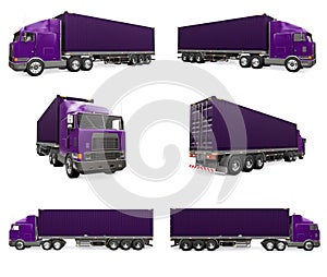Set large retro purple truck with a sleeping part and an aerodynamic extension carries a trailer with a sea container