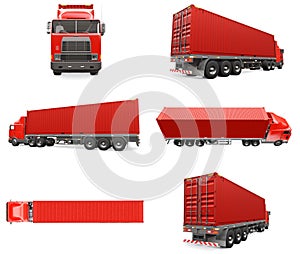 Set large retro red truck with a sleeping part and an aerodynamic extension carries a trailer with a sea container. 3d