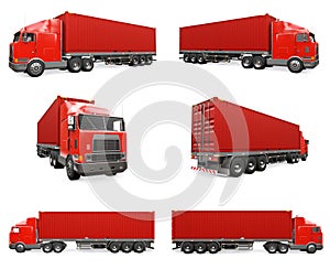 Set large retro red truck with a sleeping part and an aerodynamic extension carries a trailer with a sea container. 3d