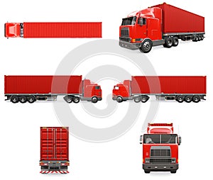 Set large retro red truck with a sleeping part and an aerodynamic extension carries a trailer with a sea container. 3d