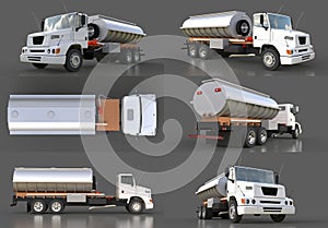 Set large white truck tanker with a polished metal trailer. Views from all sides. 3d illustration.