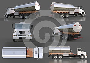 Set large white truck tanker with a polished metal trailer. Views from all sides. 3d illustration.