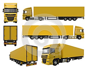 Set large yellow truck with a semitrailer. Template for placing graphics. 3d rendering.