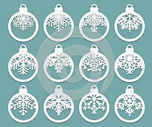 Set of laser cut Christmas balls with snowflake cutout of paper Sample Template for Christmas card, invitation for Christmas party