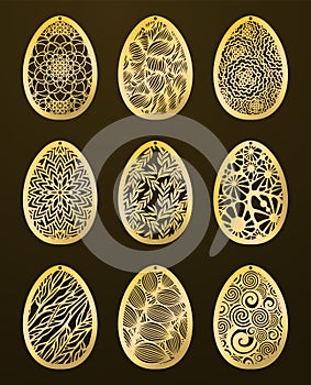 Set of Laser Cut Happy Easter Eggs. Vector stencil ornamental Ea