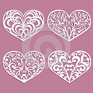 Set of laser cut hearts. Template for interior design, layouts wedding cards, invitations. Vector floral heart.