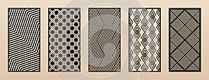 Set of laser cut patterns. Modern abstract geometric panels with lines, grid