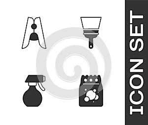 Set Laundry detergent, Clothes pin, Water spray bottle and Rubber cleaner for windows icon. Vector