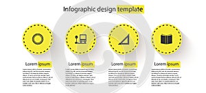 Set Laurel wreath, Bus stop, Triangular ruler and Open book. Business infographic template. Vector