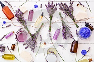 Set lavender cosmetic beauty pharmacy medicines bath products and lavender flowers. Serum soap sea salt essential oil, body butter