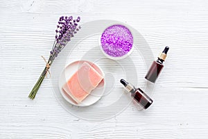 Set of lavender cosmetics products with spa beauty essential oil and herbs